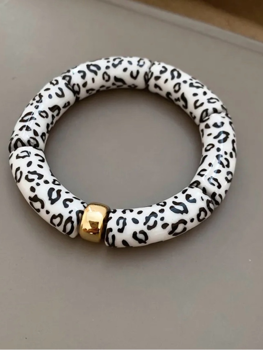 White Leopard Print Bangle Bracelet with Gold Accent‎